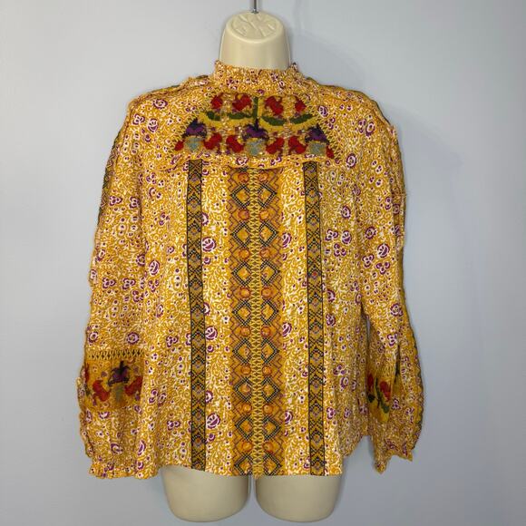 Maeve Anthropologie Goldie Embroidered Blouse Gold Yellow Floral Ruffled Sz 4 - Picture 2 of 14
